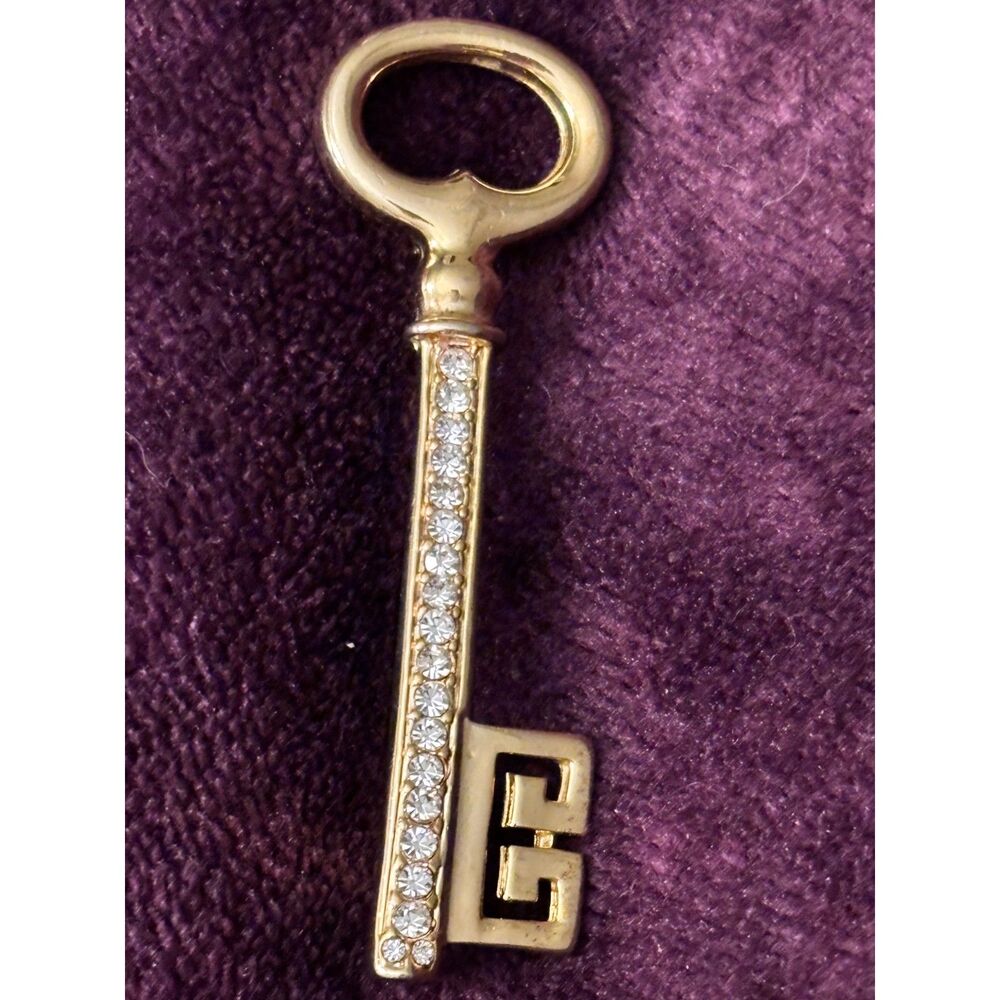 Vintage Signed Givenchy Gold Crystal Logo Key Brooch